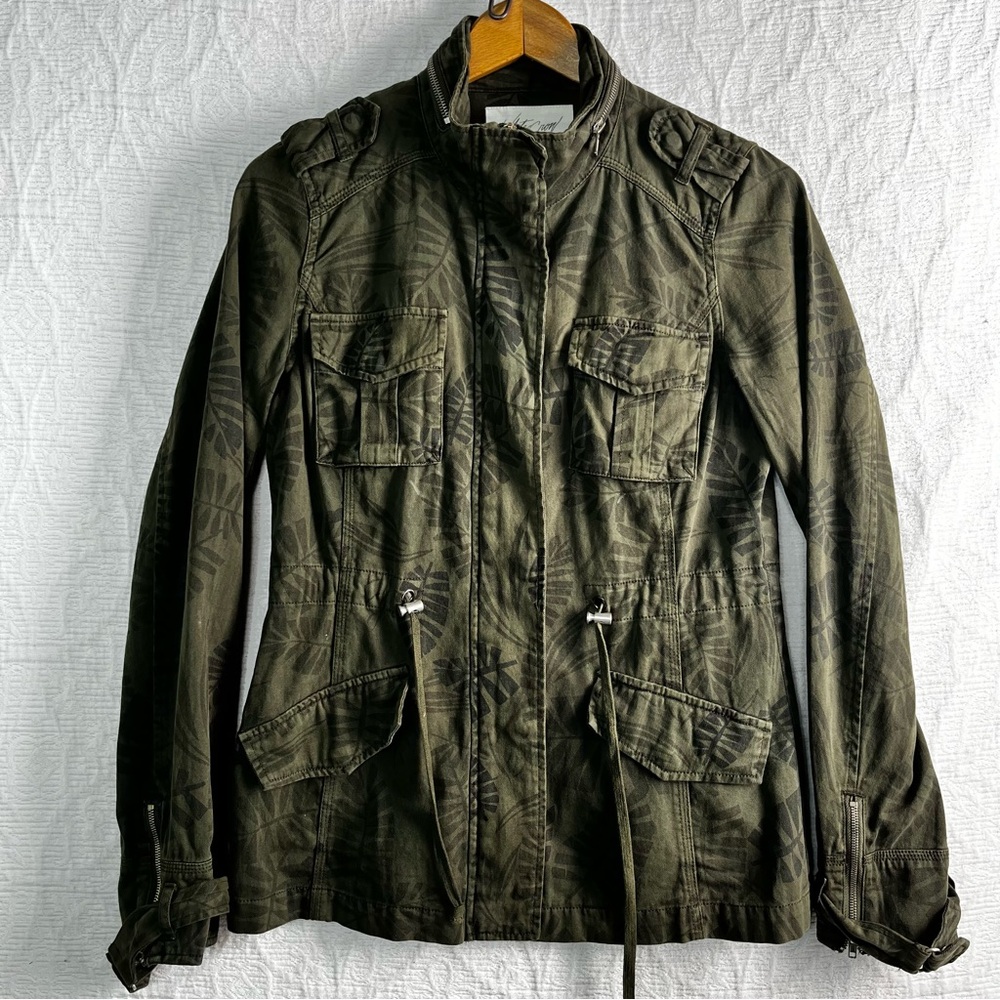 Anthropologie White Crow Women S Olive Green Utility Jacket Cotton Palm Leaf